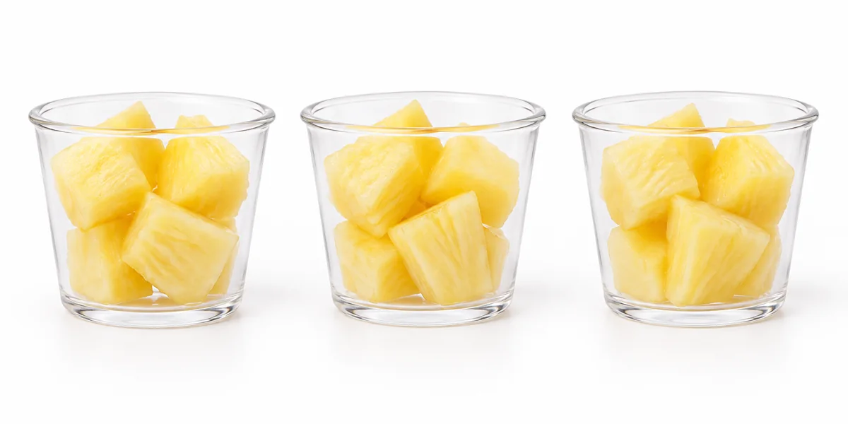 Three equal-cut pineapple flesh samples for matched comparison.