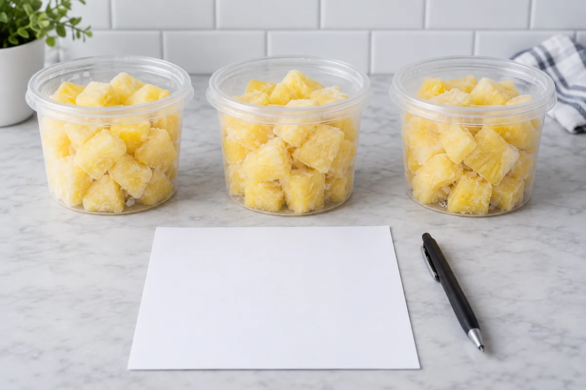 Matched frozen pineapple sample tubs for purchasing comparison.