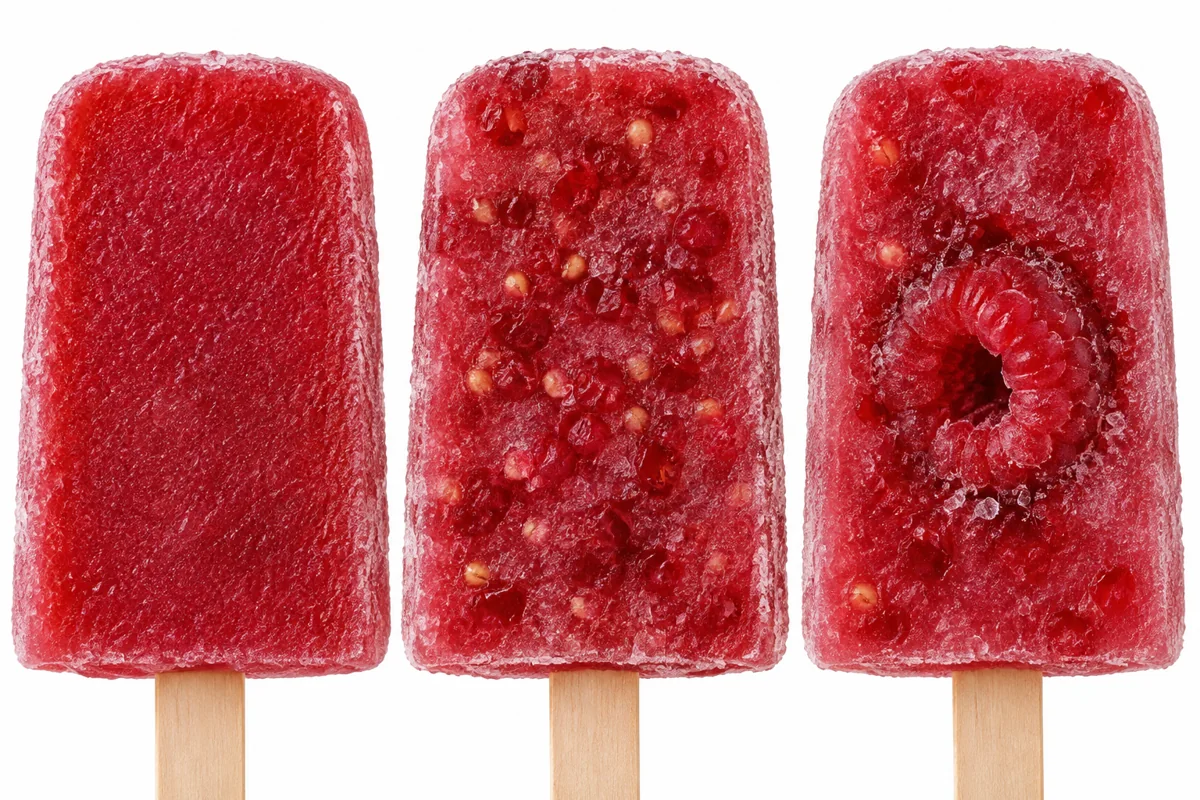 Three raspberry ice-pop interiors with different fruit visibility.