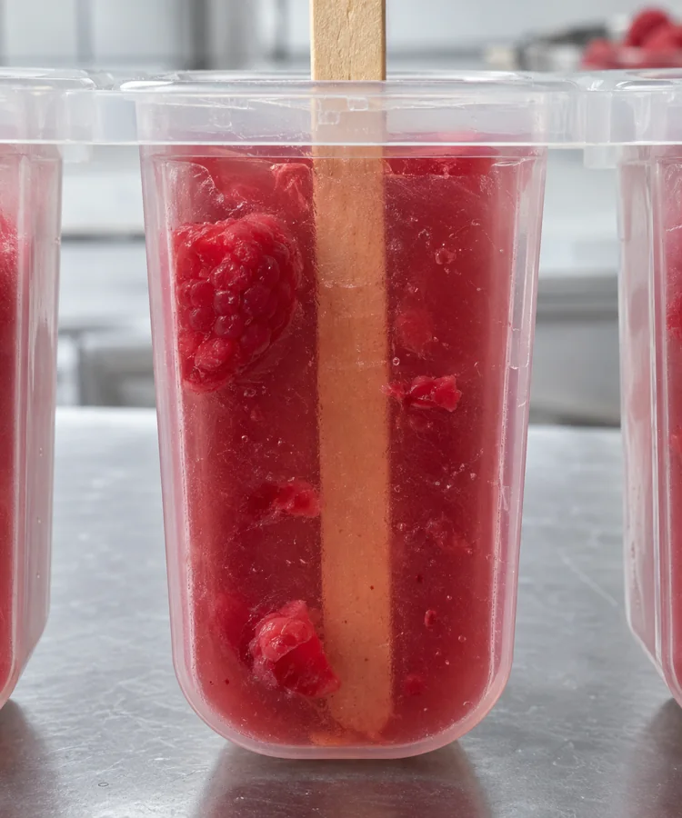 Raspberry fruit pieces near the stick and wall of a clear ice-pop mold.
