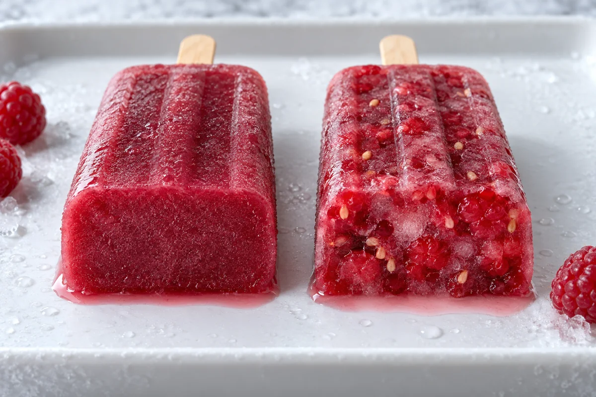 Smooth and piece-rich raspberry frozen bites after demolding.