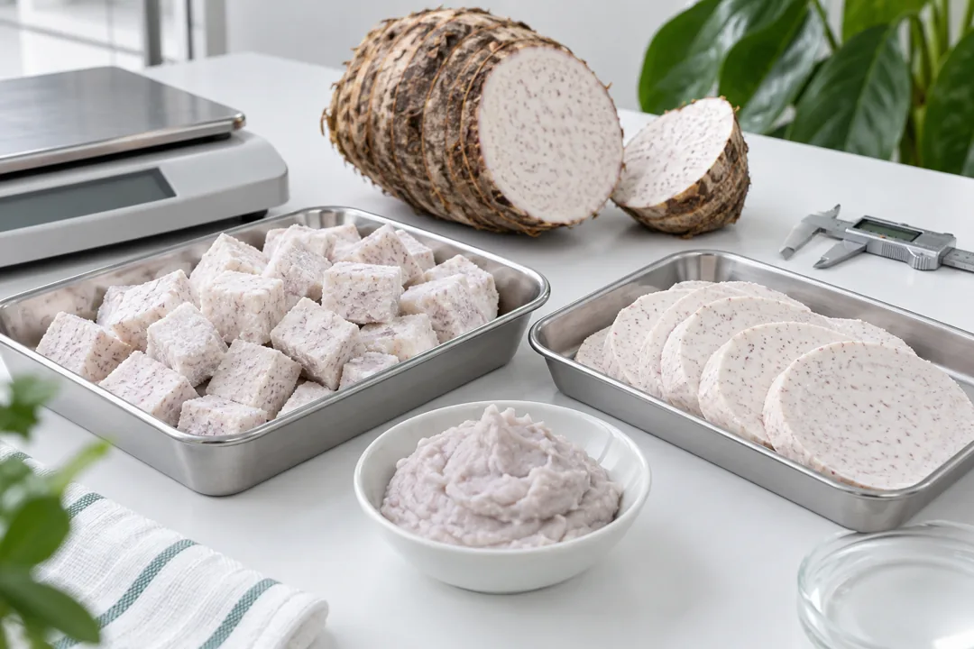 Compare taro cuts and cooked paste in buyer trial.