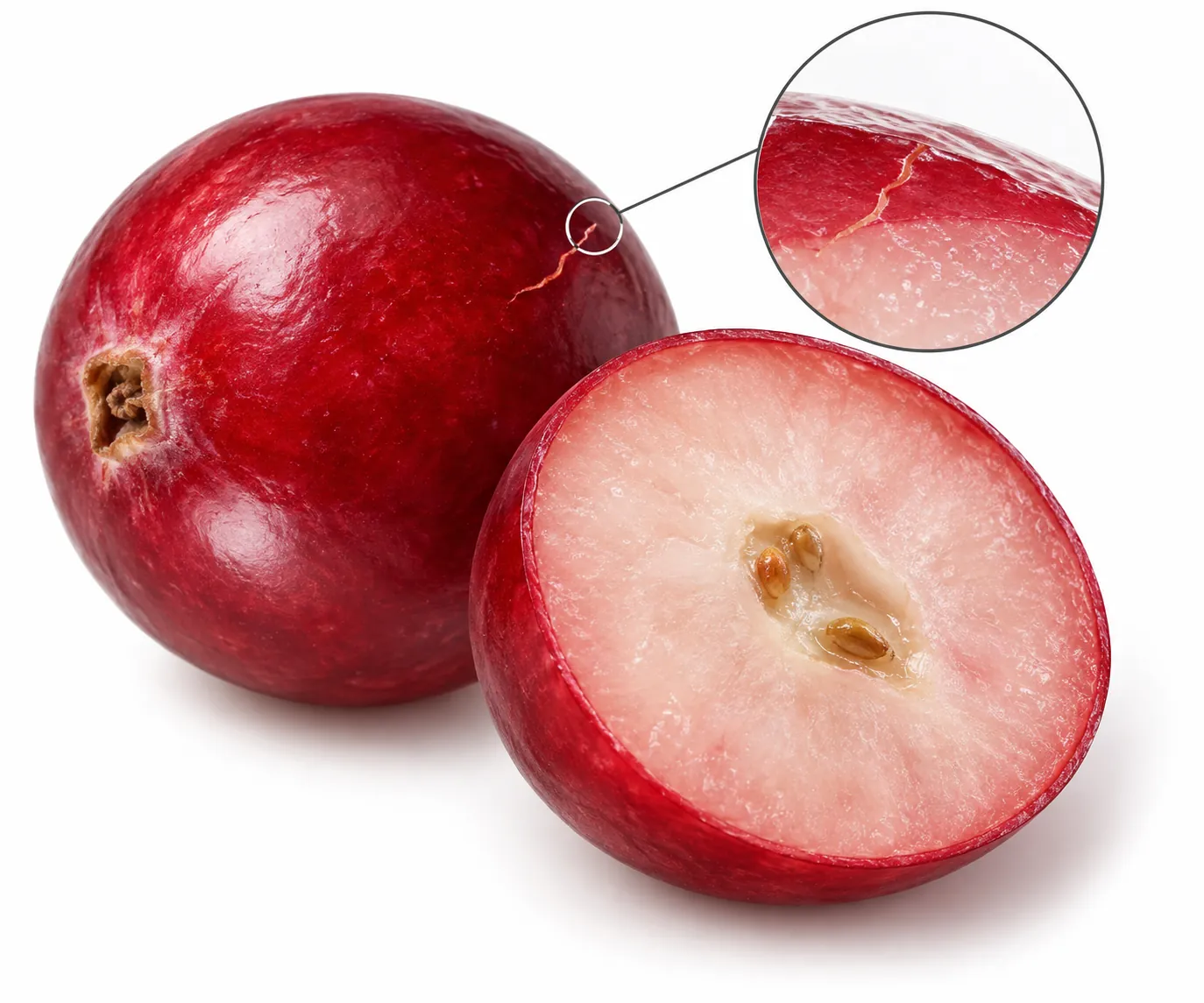 Conceptual cranberry cutaway showing the thin skin barrier and a small opening for moisture movement.