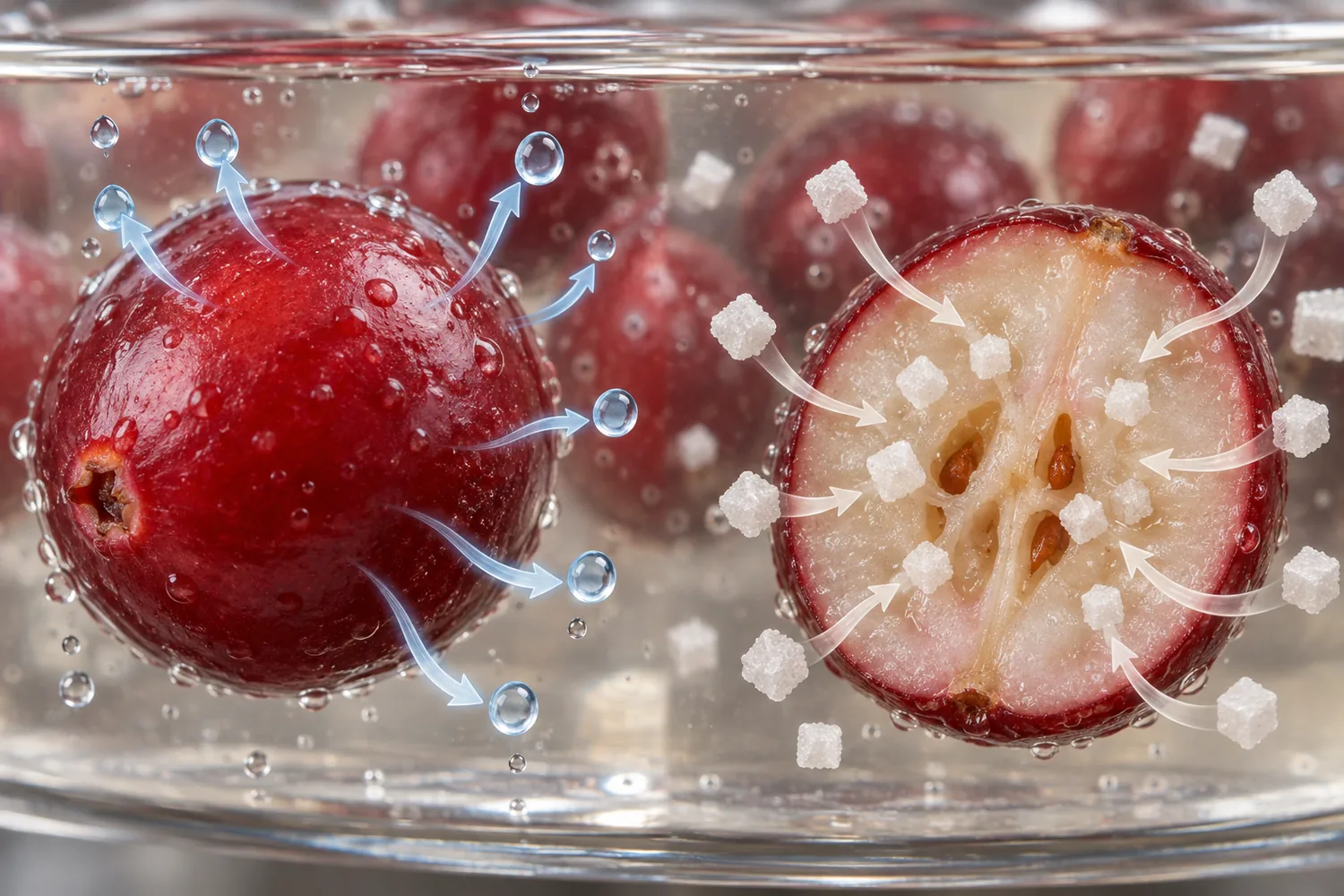 Conceptual water loss and sugar gain during an optional cranberry osmotic step, without measured rates.