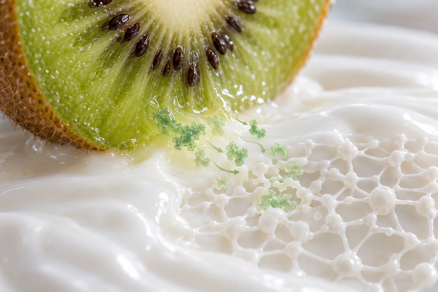 Conceptual view of kiwi contacting a milk-protein network; no measured enzyme level is shown.