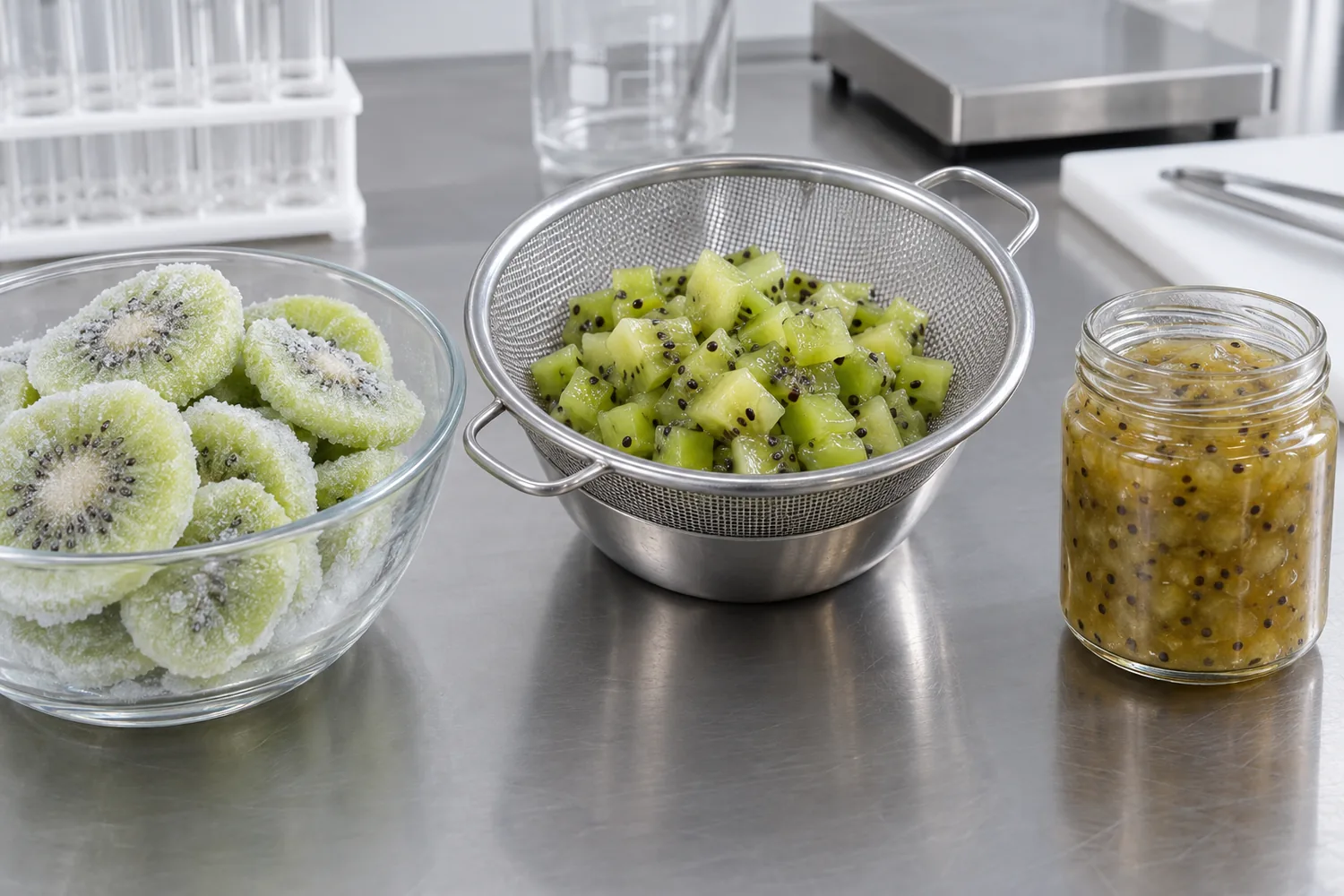 Illustrative frozen, drained and separately prepared kiwi inputs for a controlled comparison.