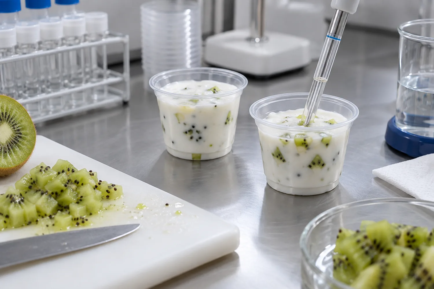 Illustrative kiwi yogurt development setup for fruit loading, seeds and pH sampling.