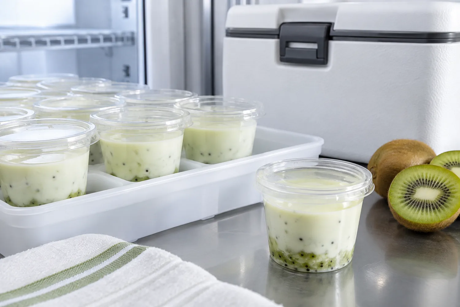 Illustrative chilled kiwi yogurt sample handling; no measured shelf-life result is shown.