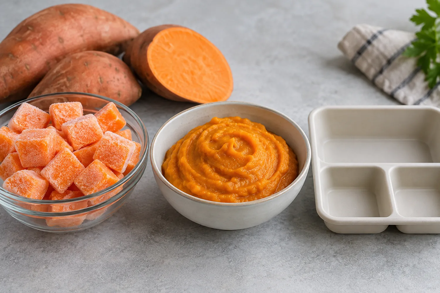 Frozen sweet potato cubes and prepared mash shown as alternative casserole inputs