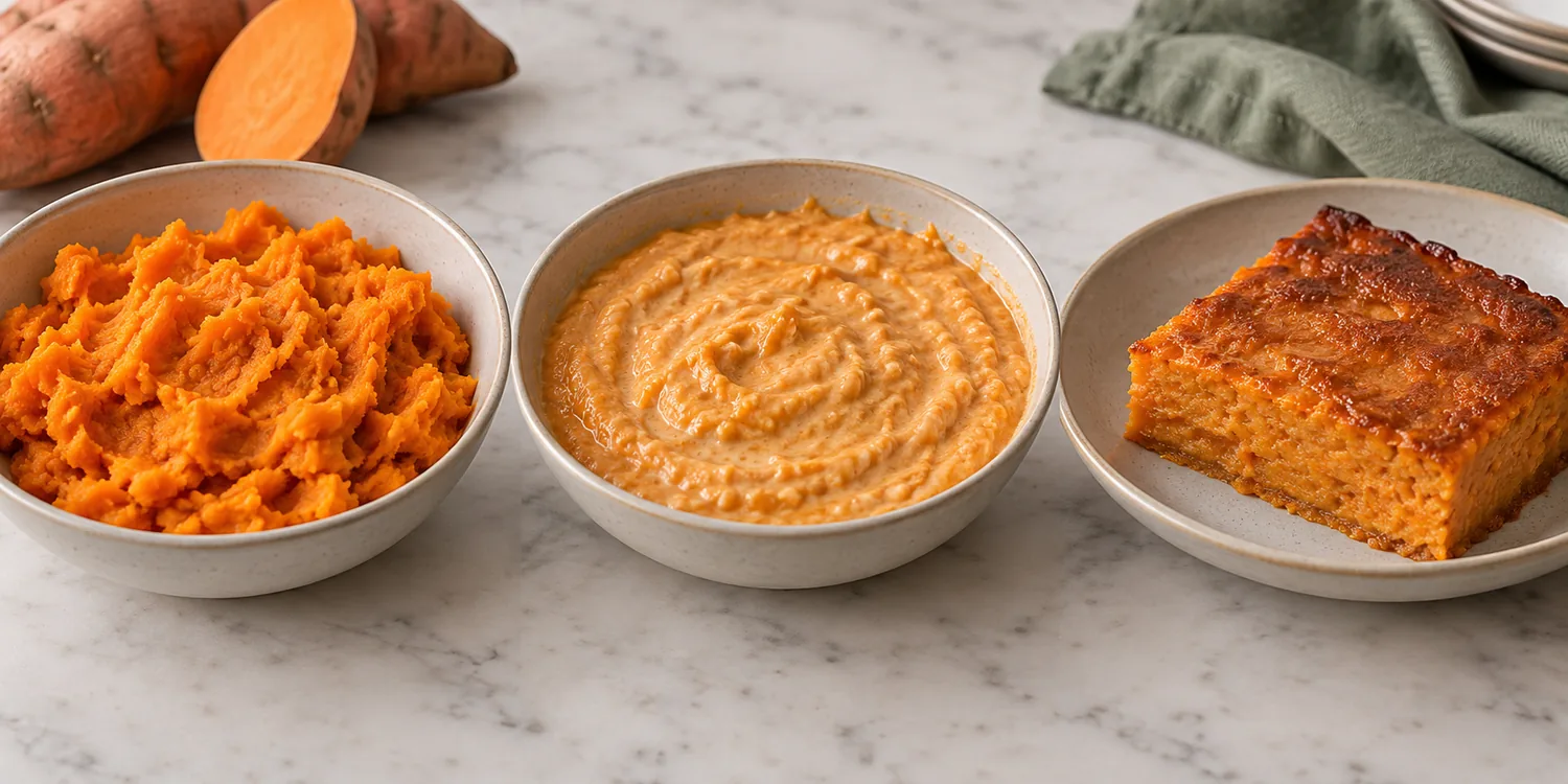 Sweet potato filling at mixing and baked set stages
