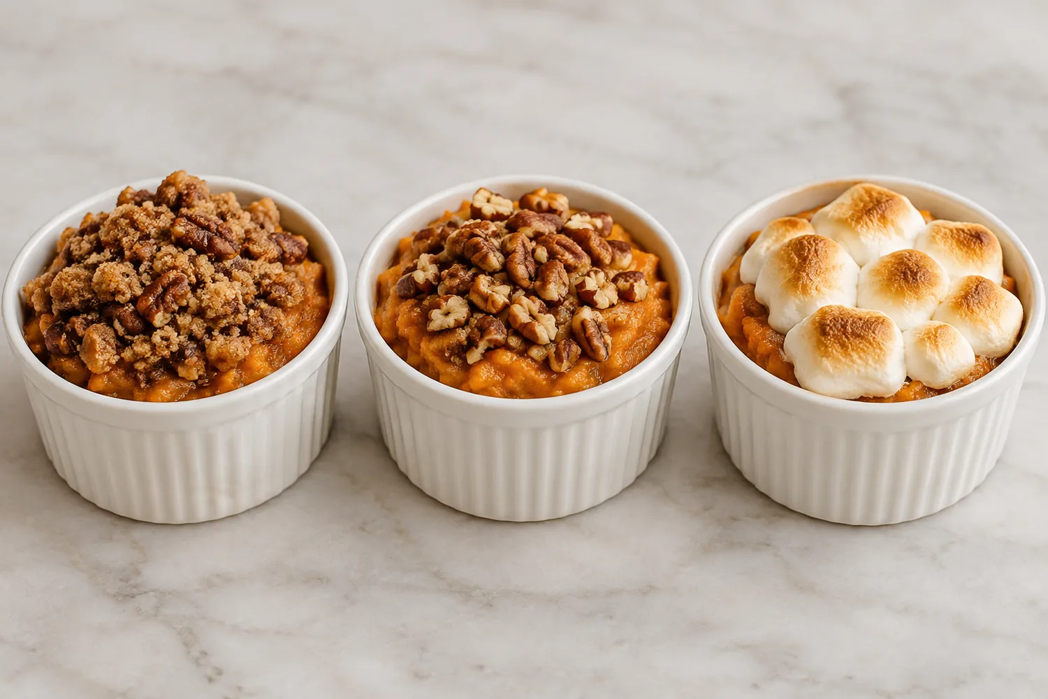 Illustrative sweet potato casserole portions with different toppings
