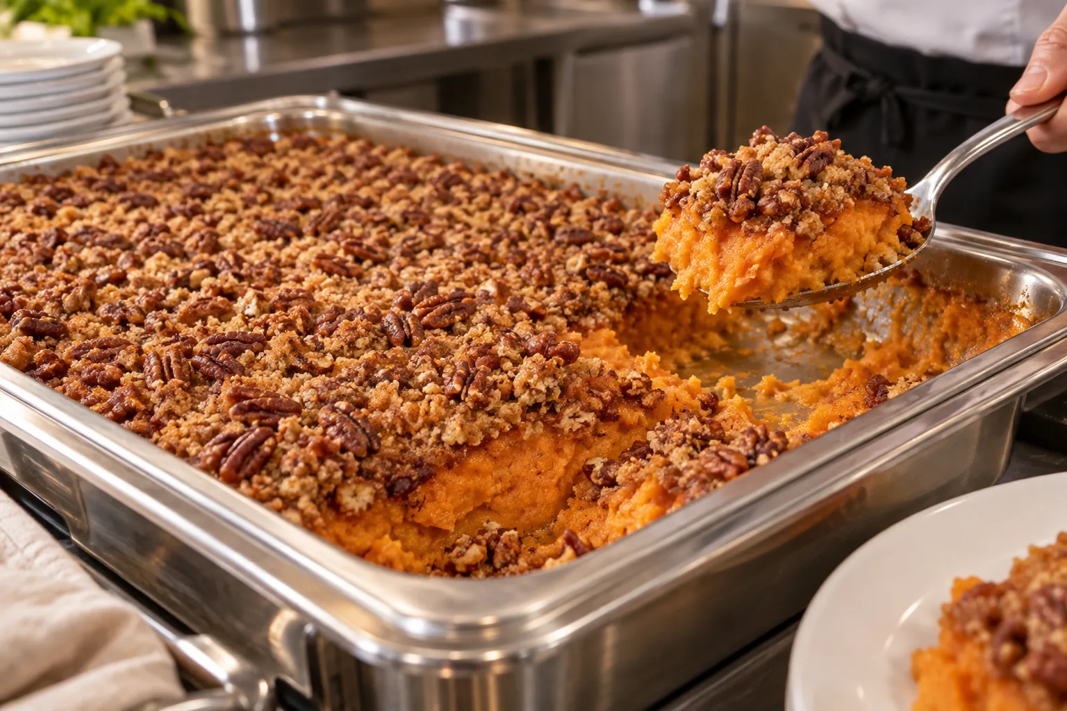Sweet potato casserole portion lifted from a partially served catering tray