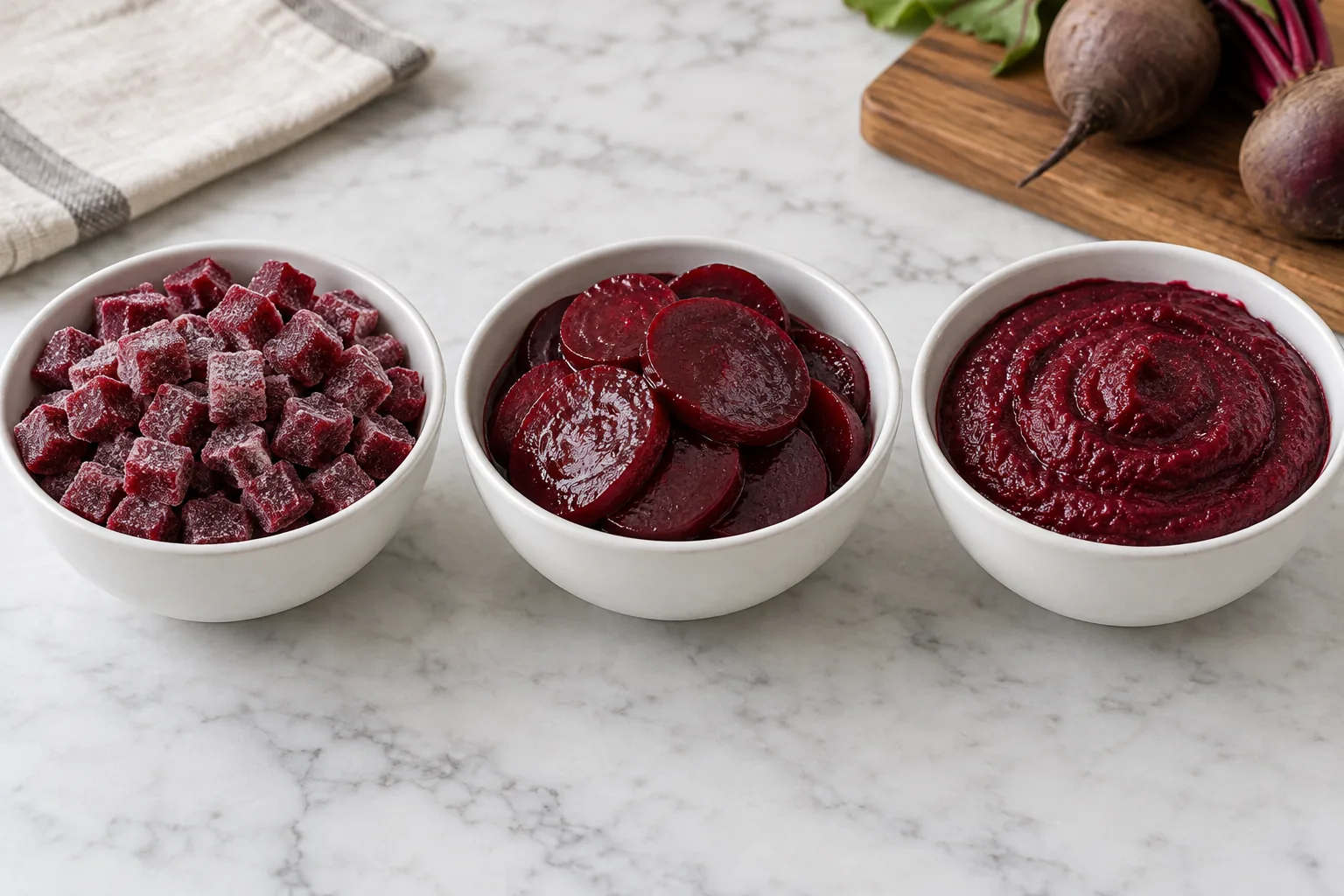 Frozen beetroot dice, thawed slices and cooked puree