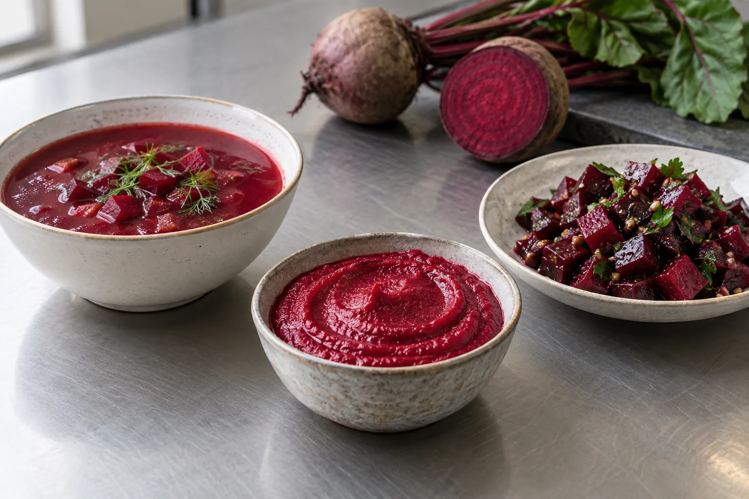 Beetroot soup, puree and salad development samples