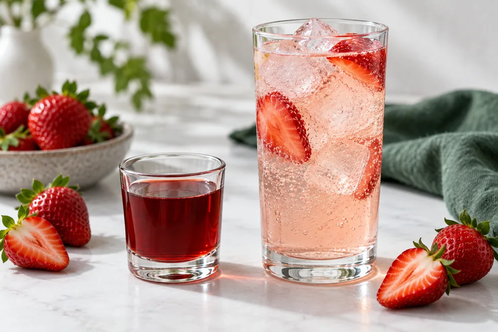 Concentrated strawberry shrub beside a diluted sparkling drink
