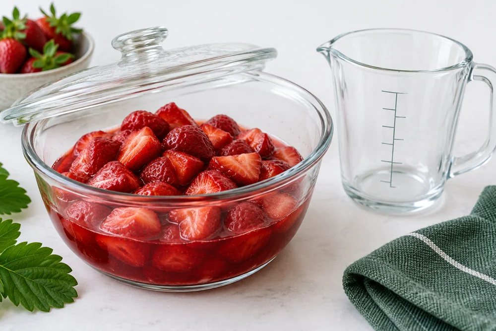 Thawed strawberry halves with their released juice