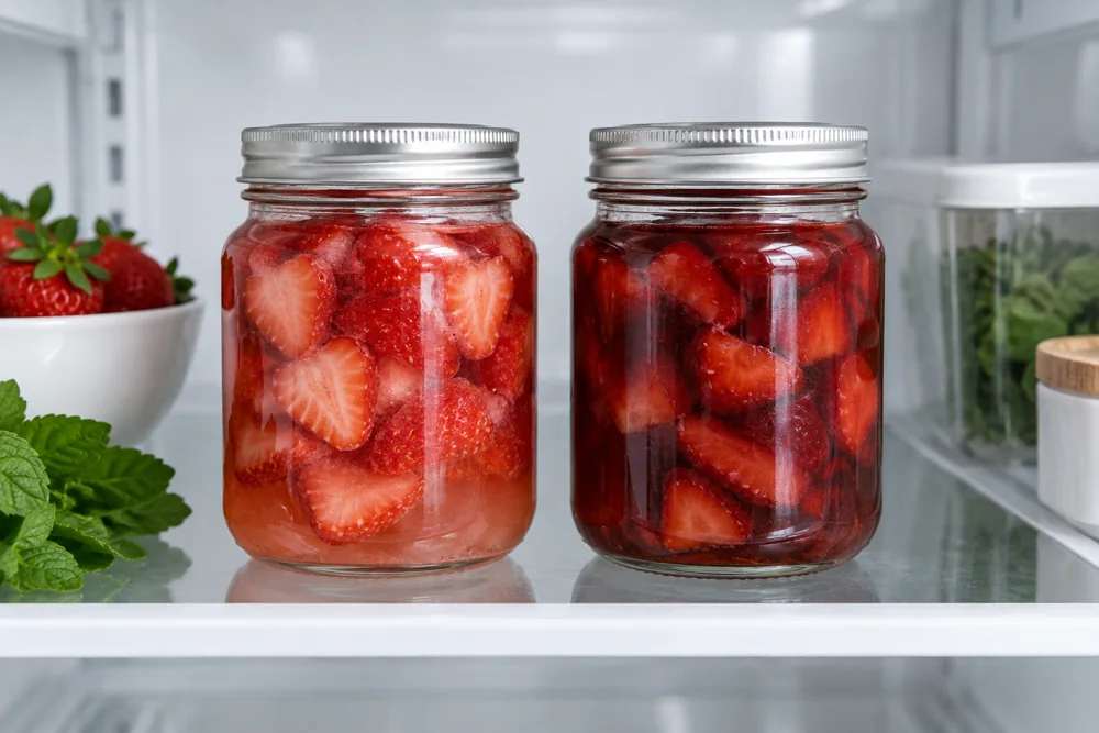 Covered strawberry mixtures on a refrigerator shelf