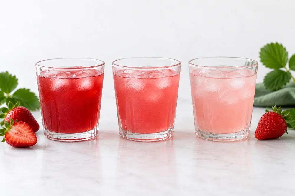 Three strawberry drinks with different color intensities