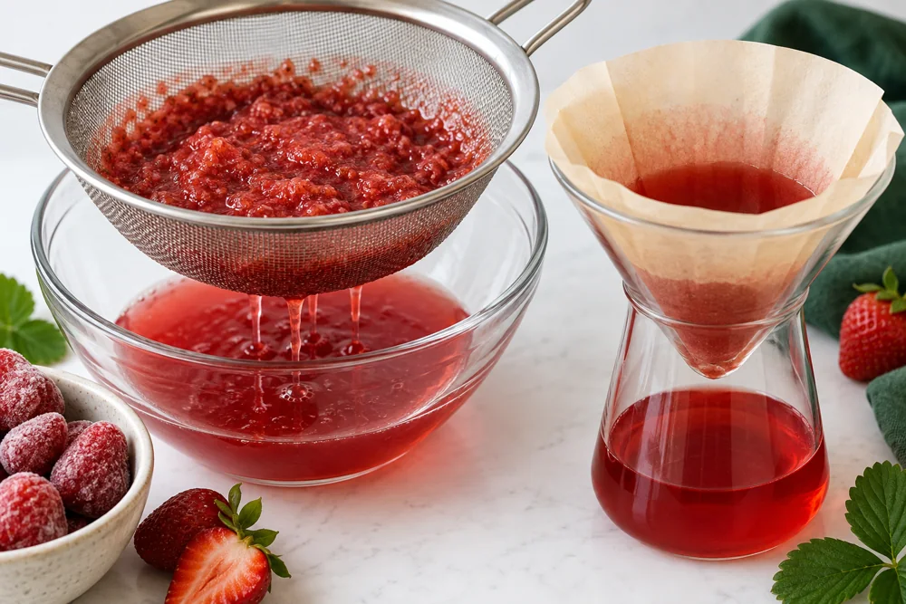 Strawberry liquid passing through a sieve and a paper filter