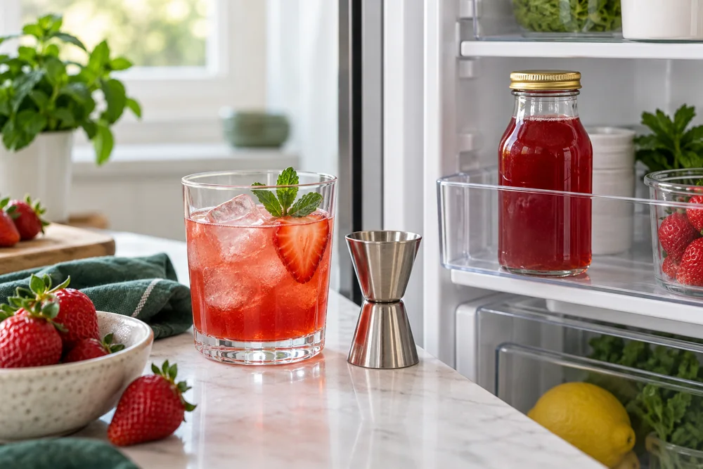 A refrigerated strawberry shrub bottle with a serving measure