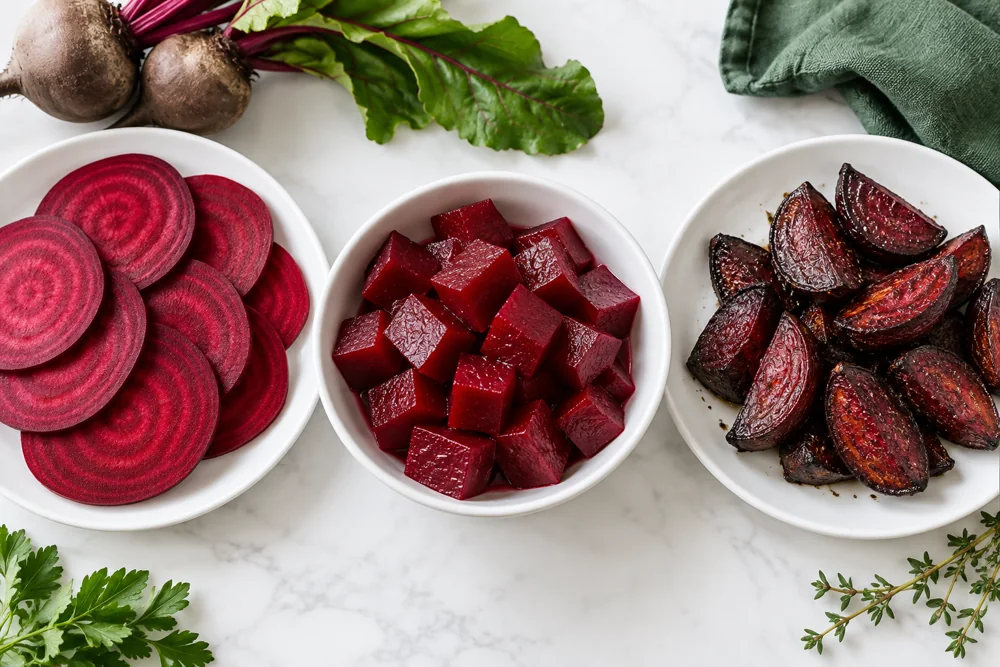 Raw beet slices, boiled cubes and roasted wedges
