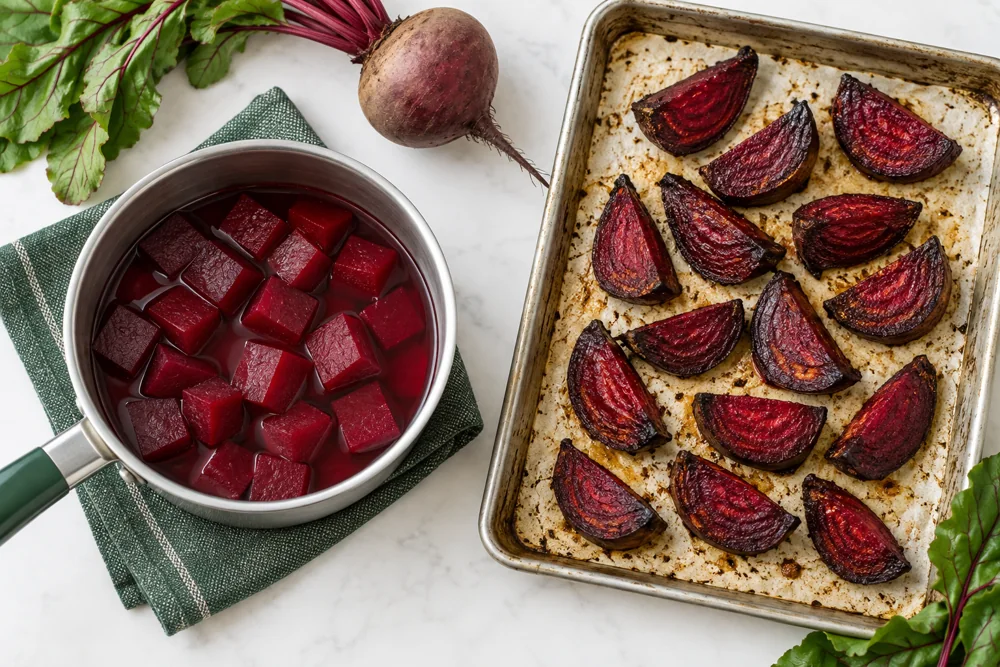 Boiled beet cubes and roasted beet wedges