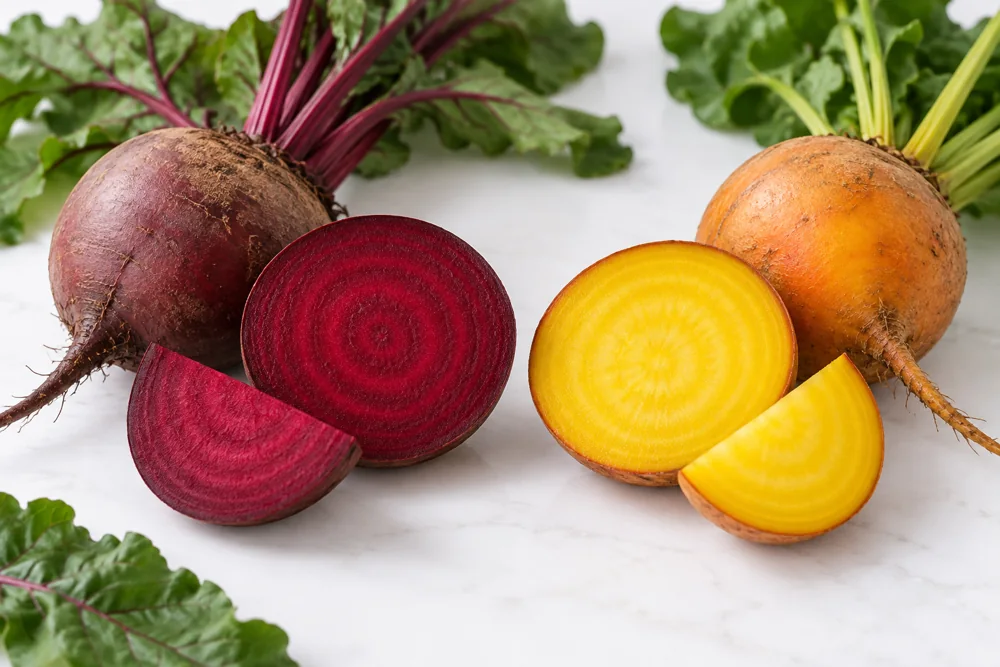 Red and golden beetroot cut faces
