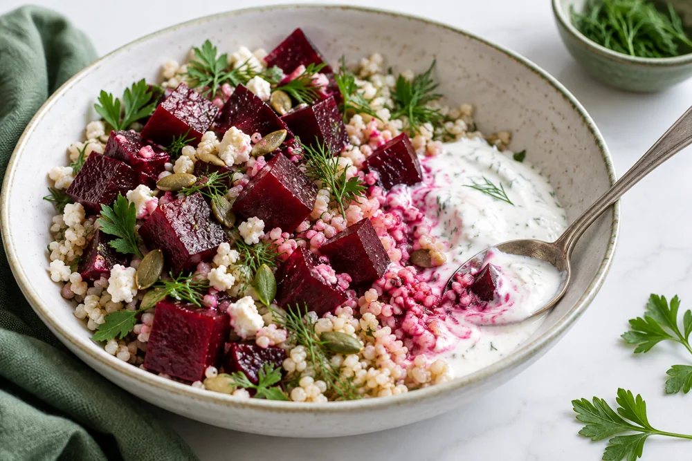 Beetroot cubes transferring pink color to grains and yogurt