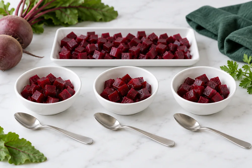 Equal portions of cooked beetroot in matching tasting bowls
