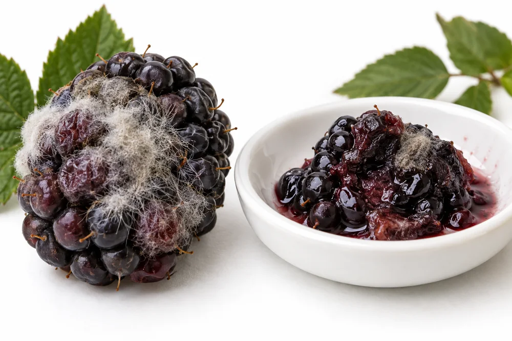 Illustrated blackberries with fuzzy growth and collapsed leaking tissue
