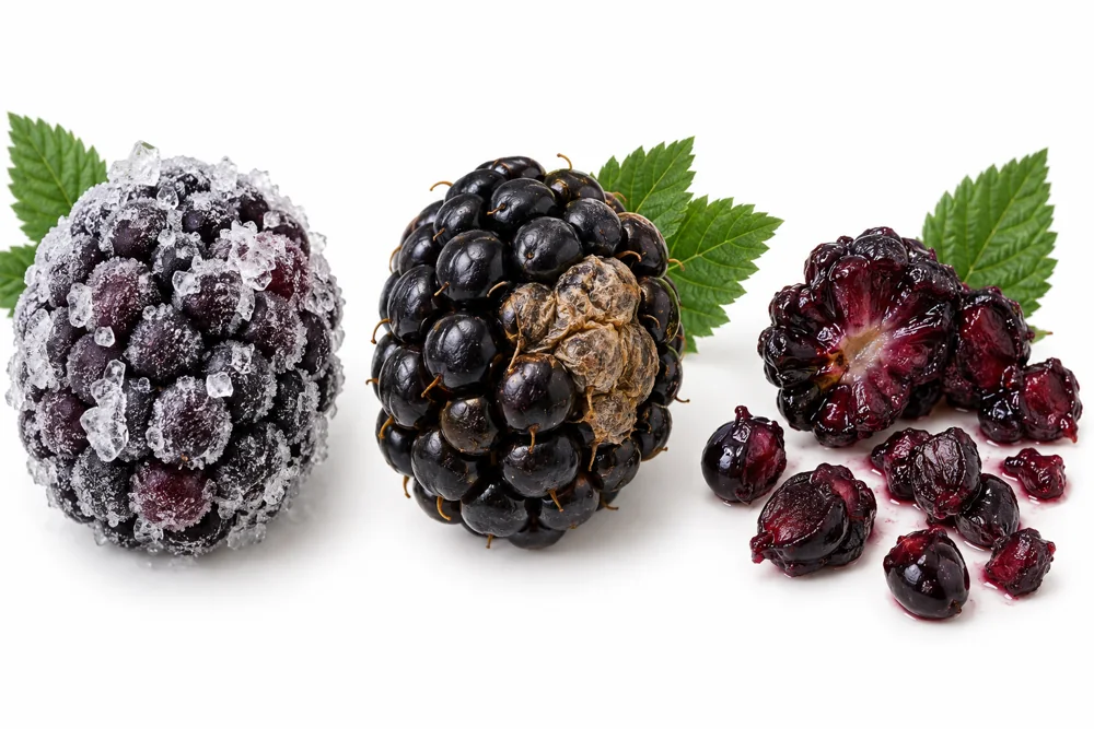 Illustrated frozen blackberries showing ice crystals, dehydration and breakage