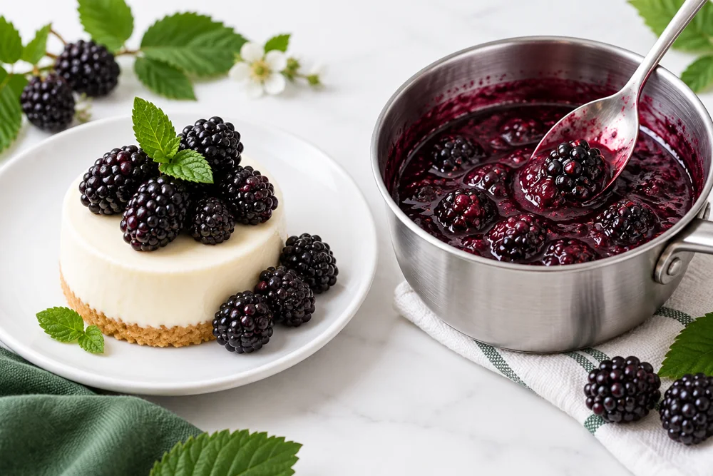Whole blackberries on dessert beside blackberry sauce