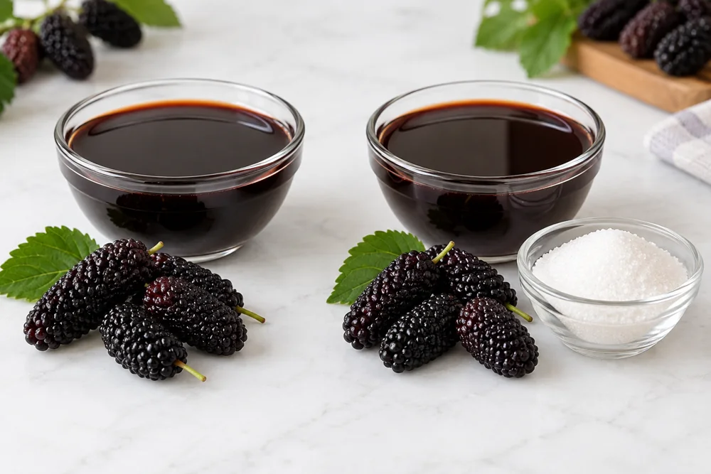 Two dark syrup samples beside mulberries and a separate sugar dish