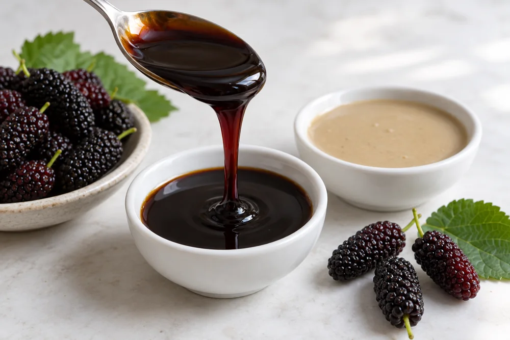 A concentrated fruit condiment Dark mulberry concentrate falling from a spoon beside tahini and mulberries