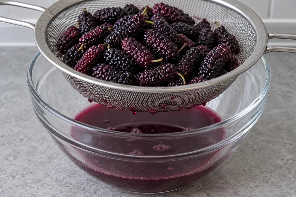 Dark mulberries in a sieve above collected purple juice
