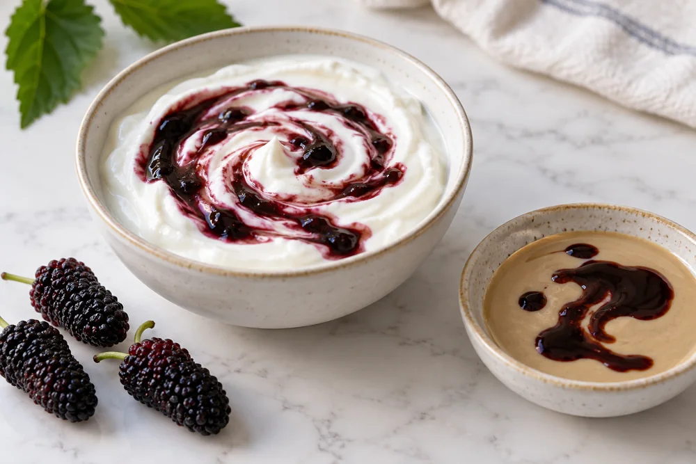 Dark mulberry concentrate swirled into yogurt and tahini