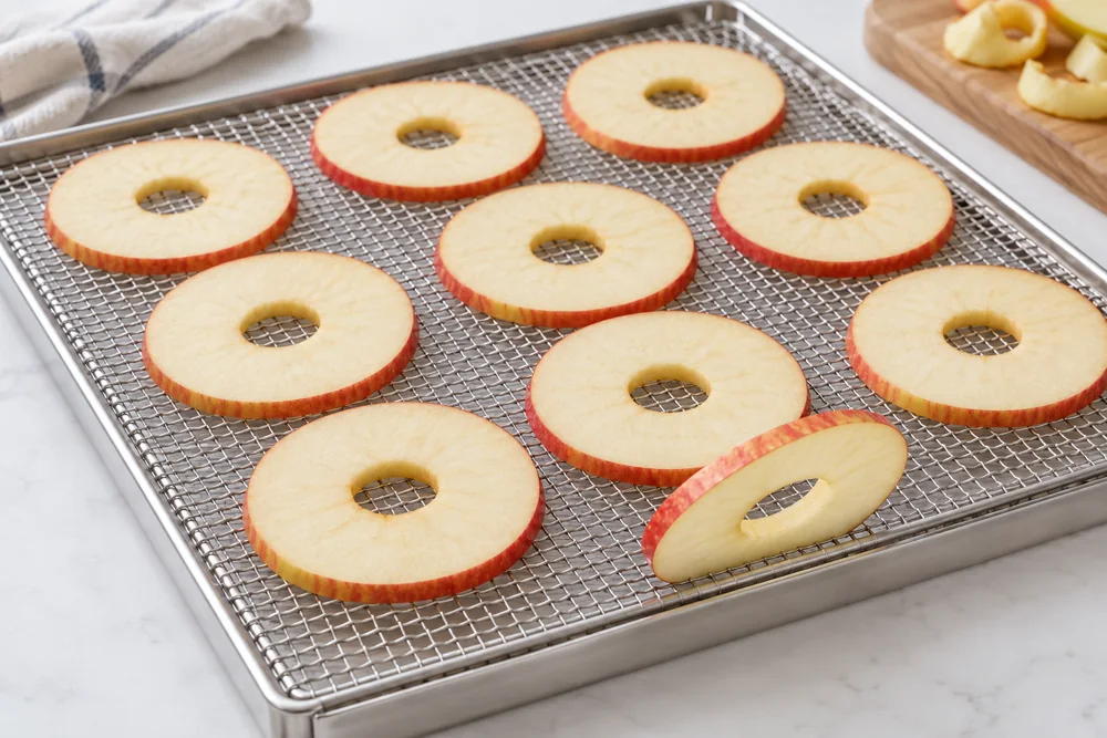 Separated cored apple rings arranged on a mesh drying tray