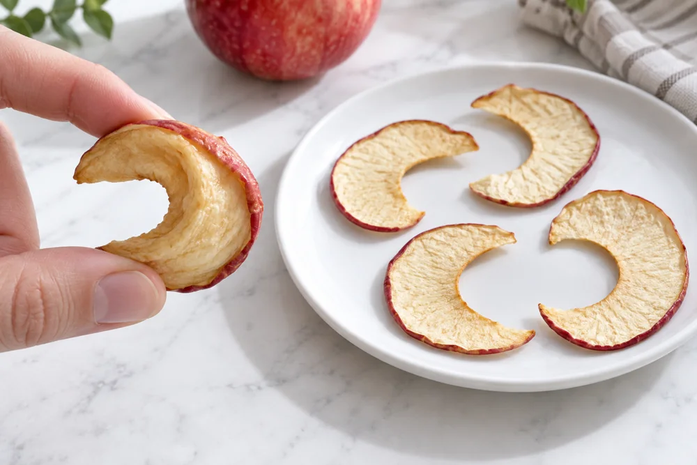 Pliable slices and crisp chips A flexible dried apple crescent held beside thin apple chips
