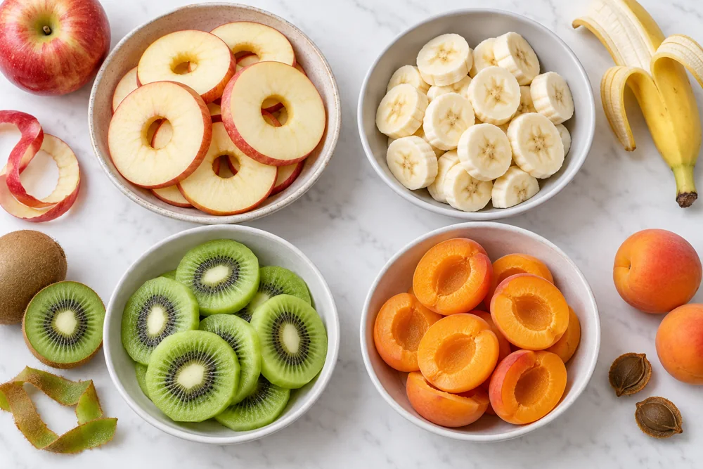 Apple rings banana rounds kiwi slices and apricot halves in separate dishes