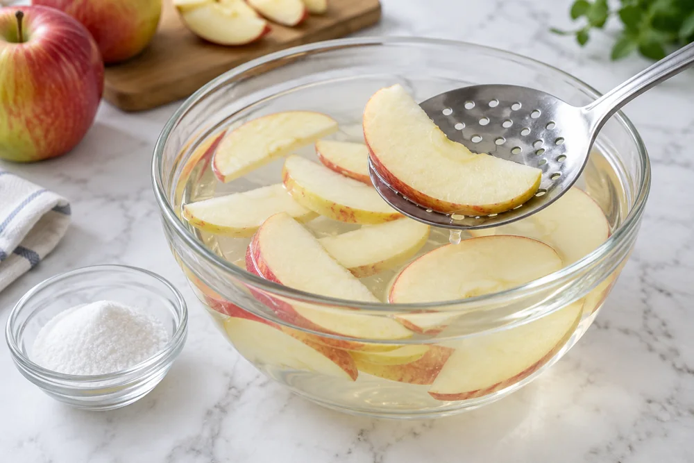 Pale apple slices in a clear pretreatment bath beside white powder