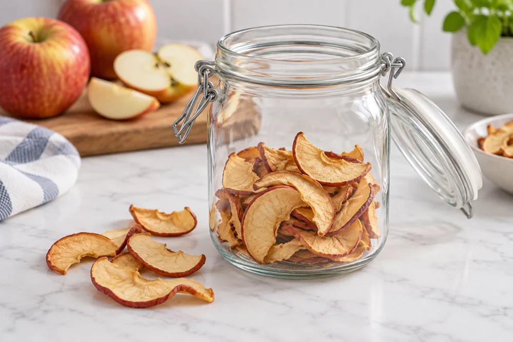 Dried apple slices loosely arranged in an open glass jar