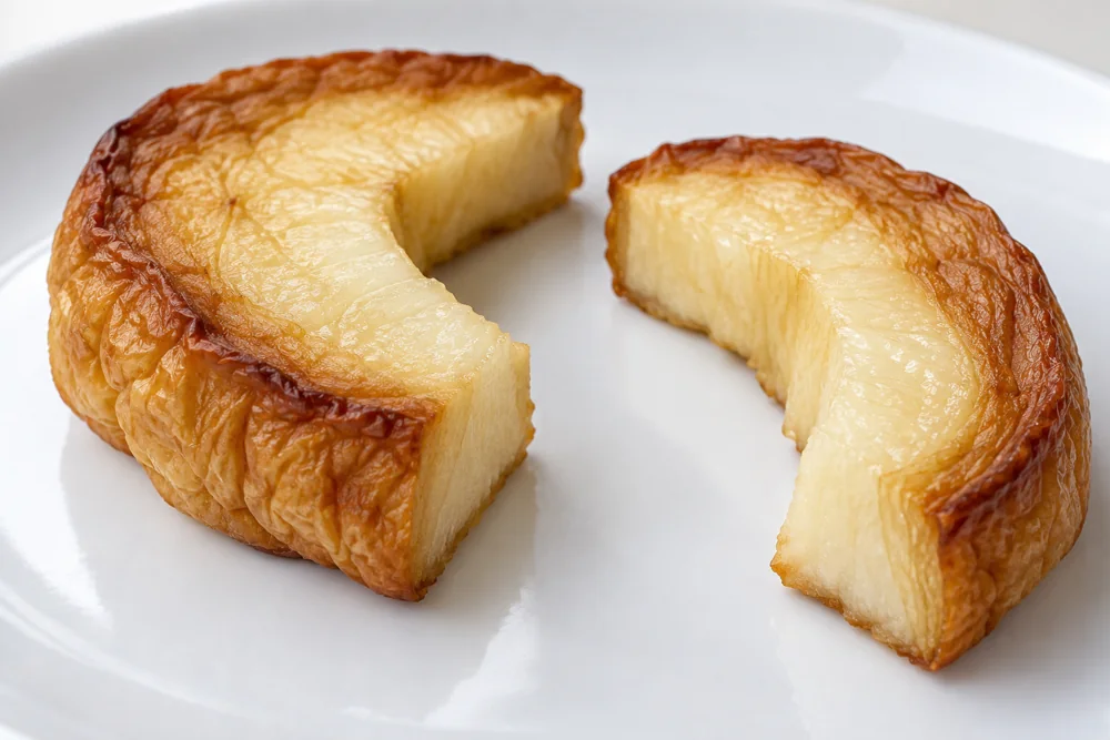 Two thick cored apple crescent cutaways with a wrinkled outside and moist-looking interior