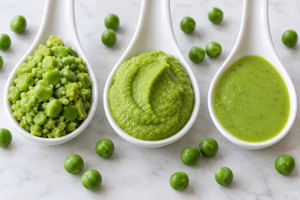 Define the required pea texture Three white spoons holding chunky pea mash thick puree and loose green sauce
