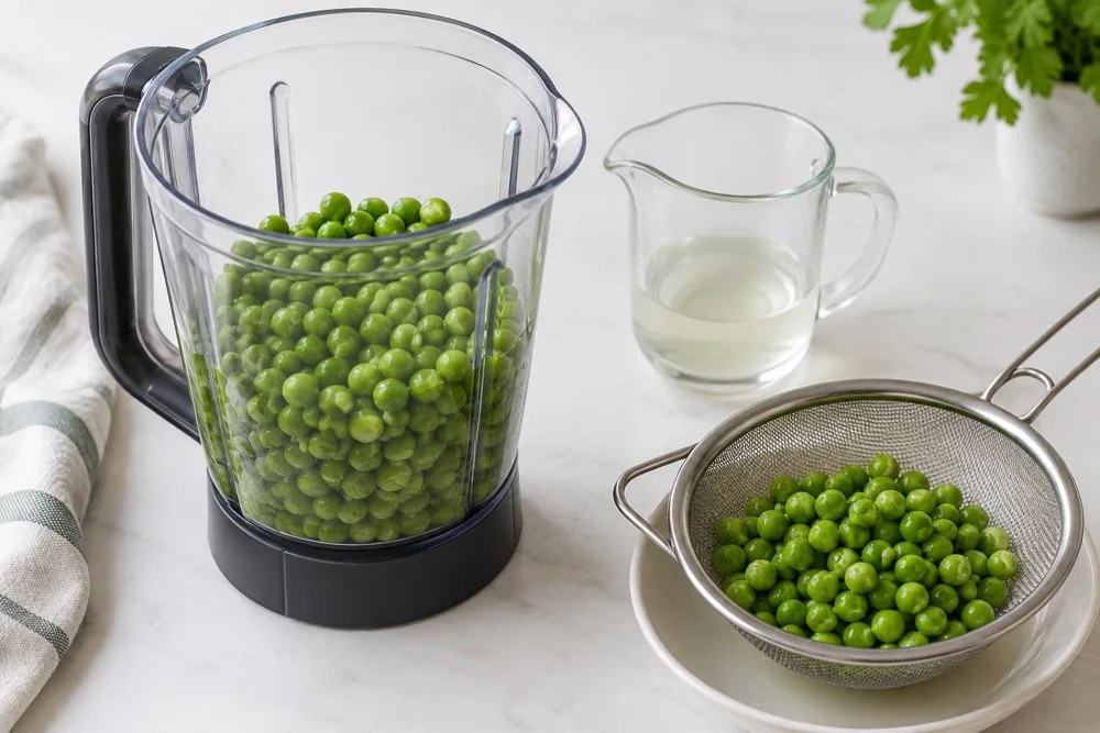 Cooked peas in a stationary blender jug beside a small water portion and sieve