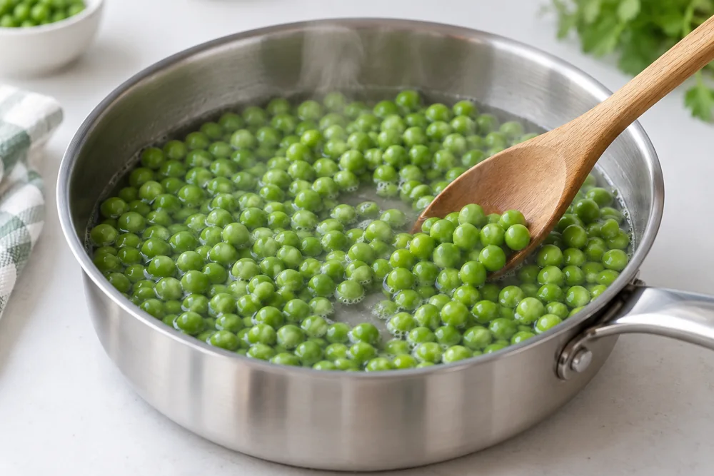 Whole green peas cooking in a shallow stainless pan with gentle steam