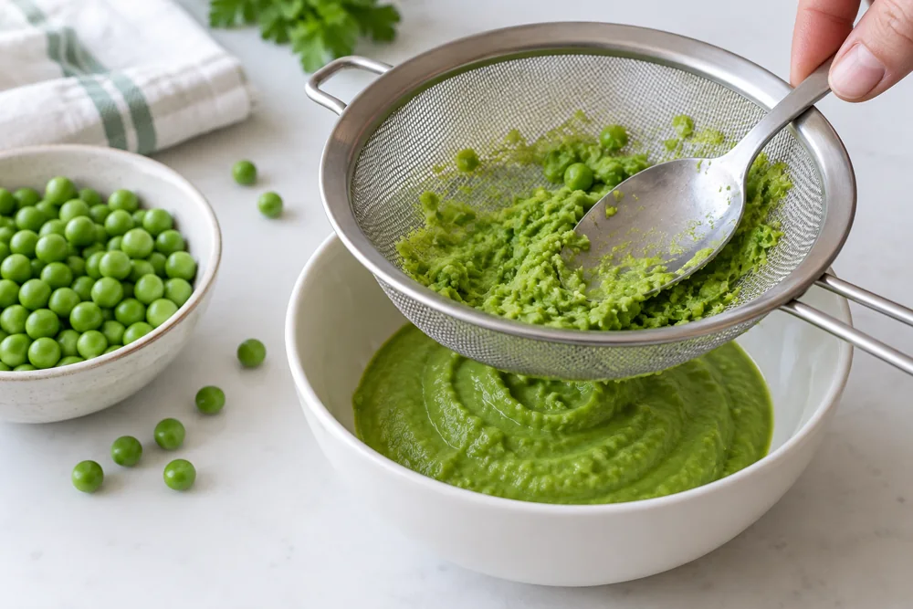 Green pea mixture pressed through a sieve into a white bowl