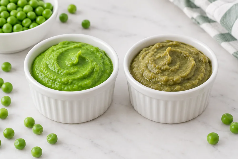 Two matched bowls holding bright green and olive green pea puree