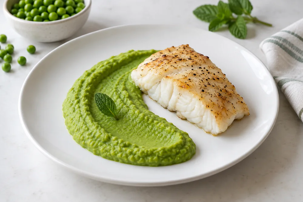Cooked white fish beside a spooned green pea puree on a white plate