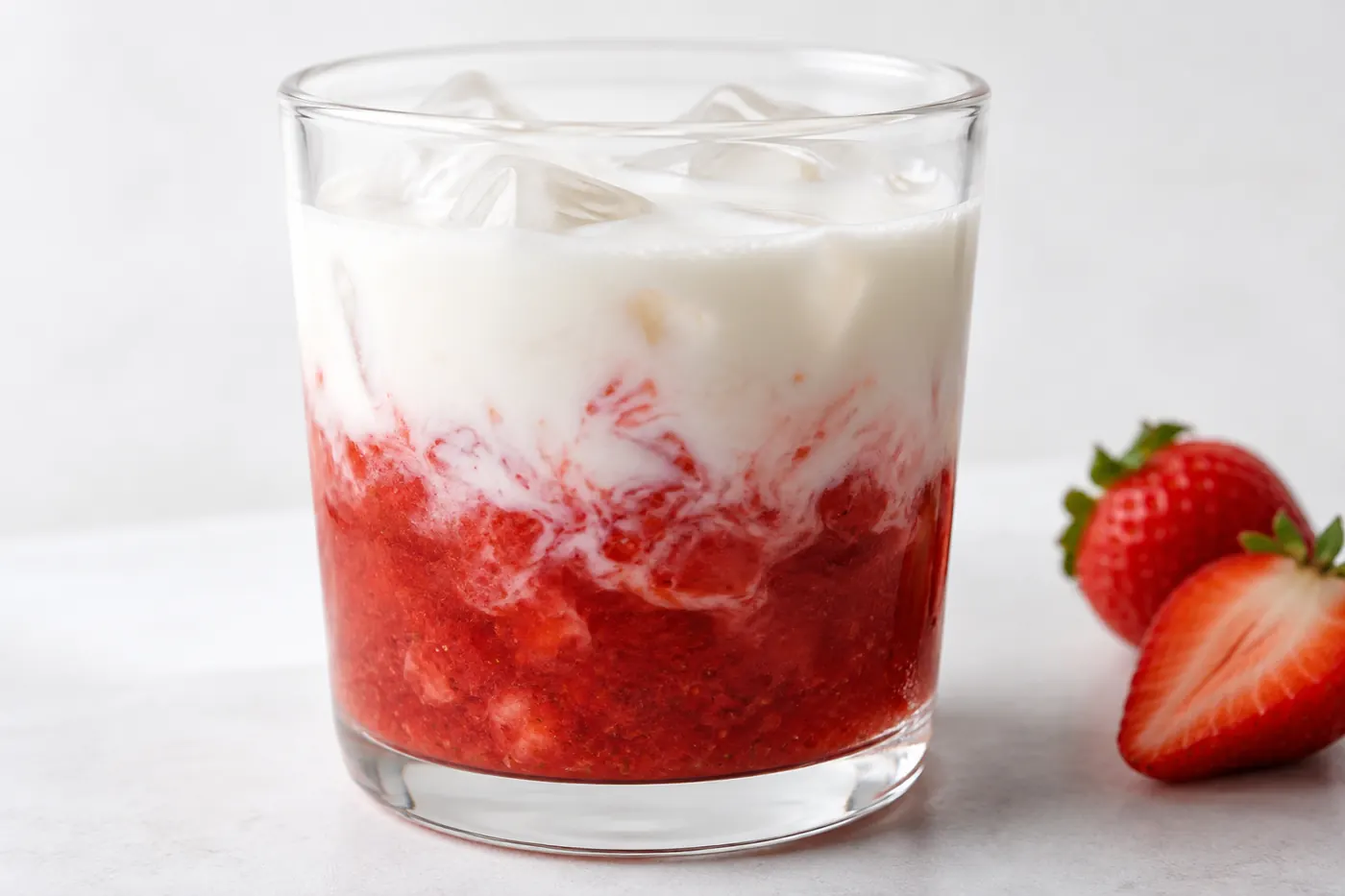Strawberry layer beneath milk and matcha with visible fruit texture