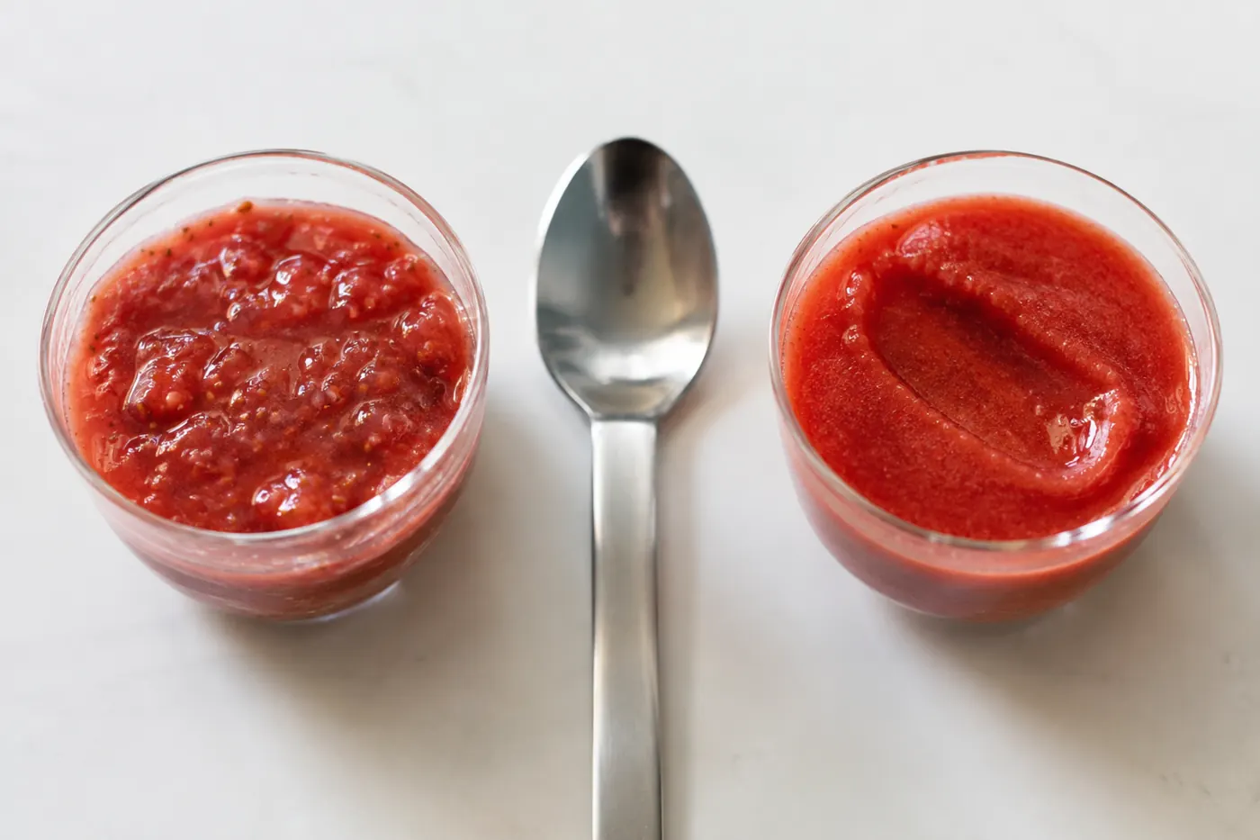 Coarse and finer strawberry puree samples for a drink trial